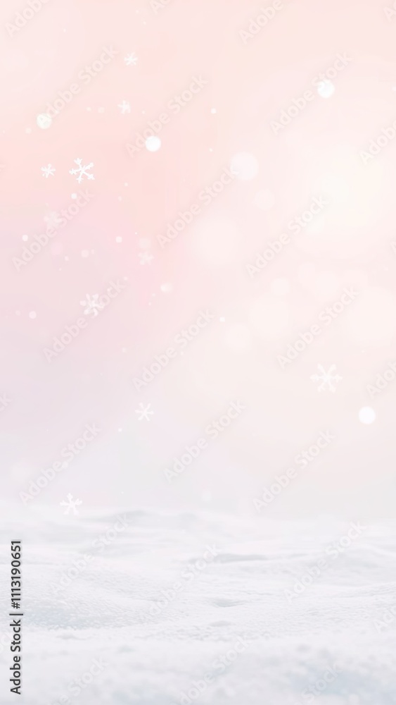 Fototapeta premium Delicate snowflakes fall gently around a minimalist winter scene, set against a soft pink and white background, festive, holiday, decoration