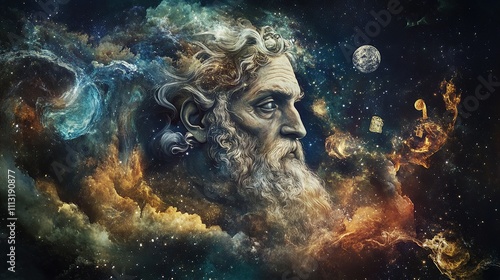 A cosmic portrait of an elderly man with a long white beard, surrounded by nebulae and celestial bodies. photo