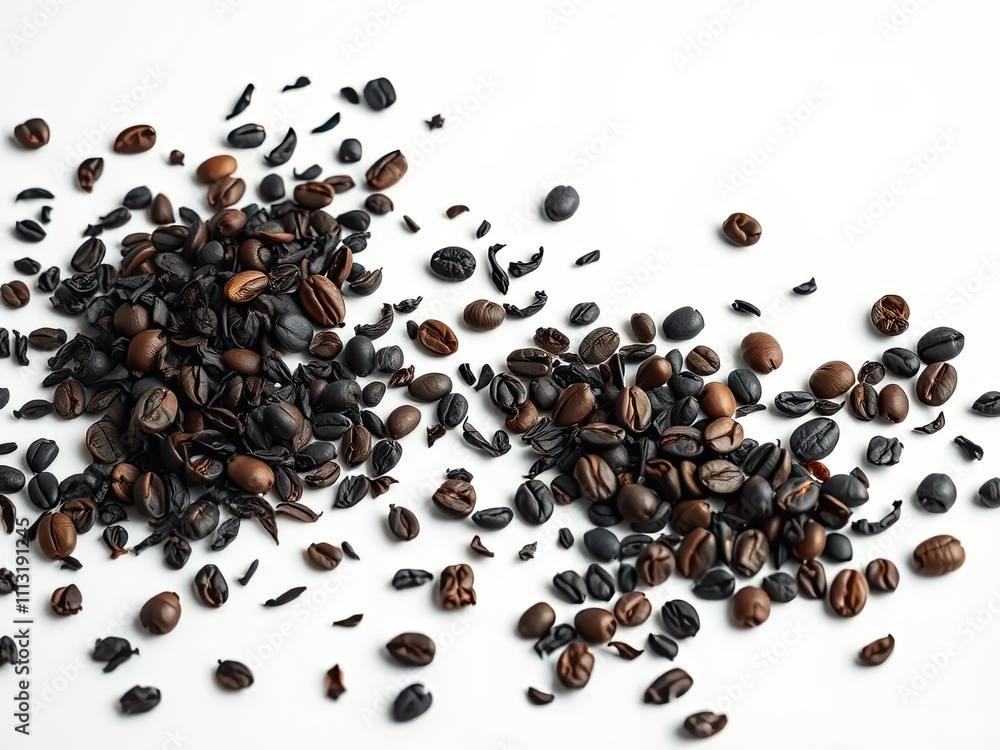 Dry black tea leaves and coffee beans scattered on a white surface , dry tea, container, plate Dry black tea leaves and coffee beans scattered on a white surface , dry tea, container, plate