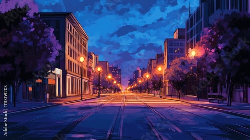 Twilight city street, lamplit buildings, quiet. photo