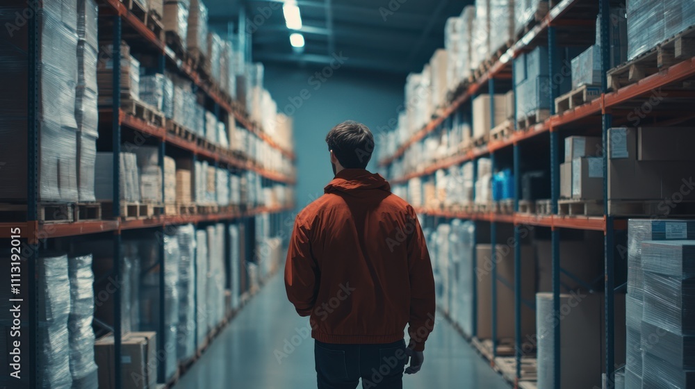 Person walking through a warehouse aisle, surrounded by boxes. Person walking through a warehouse aisle, surrounded by boxes.