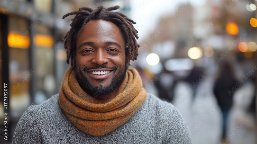 Happy man smiles at camera in urban setting. Jovial person wearing warm scarf. City street background. Positive human connection. Urban scene. Warm clothing. Happy expression. Street portrait. Happy man smiles at camera in urban setting. Jovial person wearing warm scarf. City street background. Positive human connection. Urban scene. Warm clothing. Happy expression. Street portrait.