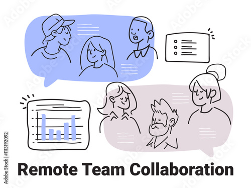 Remote team collaboration concept with diverse people communicating in speech bubbles graphs and lists in a minimalist hand drawn style