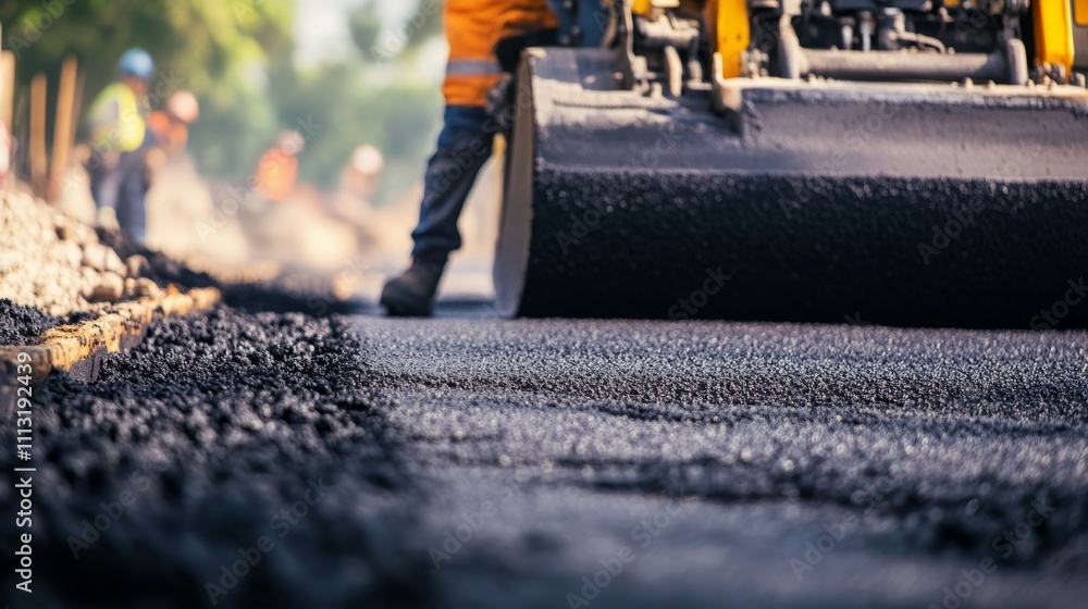 A detailed close-up of a construction worker operating heavy machinery on a road paving project, Road construction scene, Industrial and operational style A detailed close-up of a construction worker operating heavy machinery on a road paving project, Road construction scene, Industrial and operational style