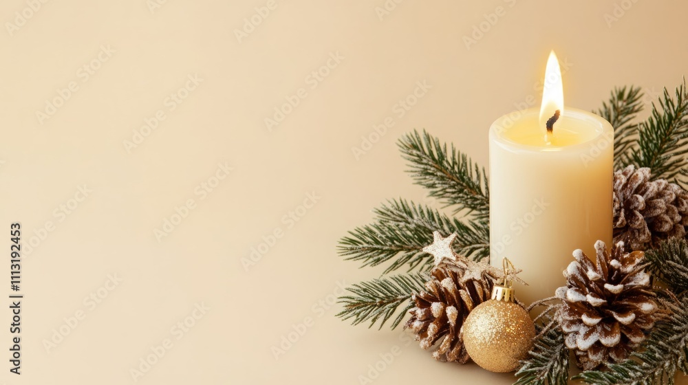 A lit candle sits amongst pine branches, pinecones, and gold ornaments. Warm, inviting holiday scene. A lit candle sits amongst pine branches, pinecones, and gold ornaments. Warm, inviting holiday scene.
