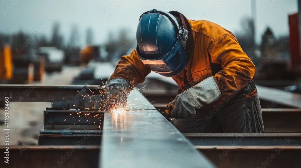 A detailed close-up of a welder in protective gear working on steel beams, Welding site scene, Industrial and precise style A detailed close-up of a welder in protective gear working on steel beams, Welding site scene, Industrial and precise style