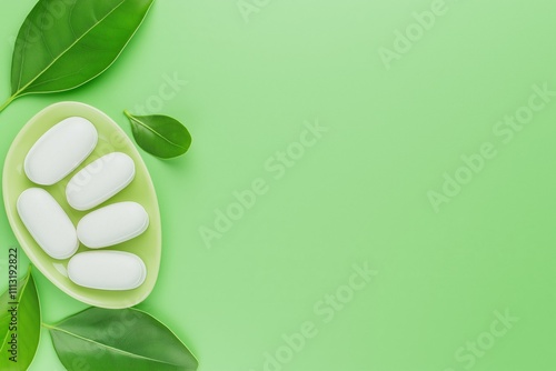 Minimalist Green Background with White Soap Bars and Fresh Leaves Arrangement