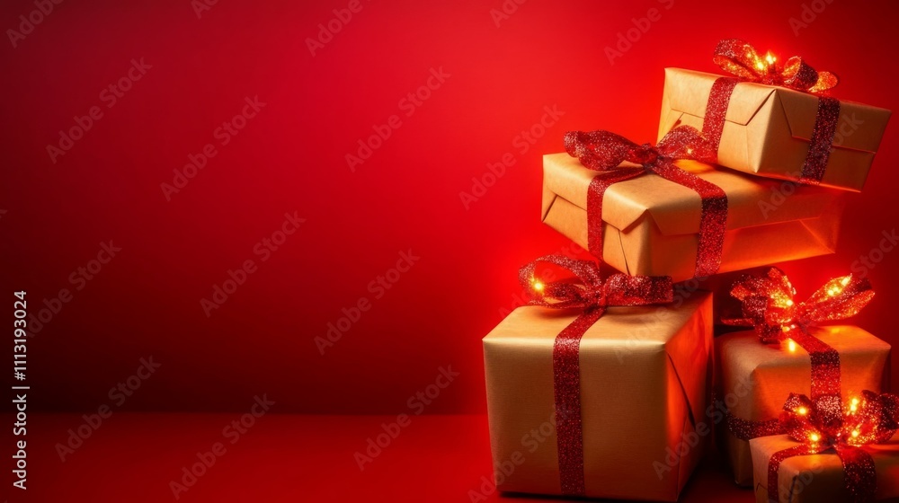 Stack of gifts with red ribbons and lights against a red background. Stack of gifts with red ribbons and lights against a red background.
