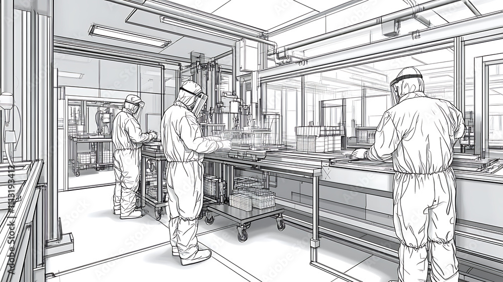 Fototapeta premium Cleanroom technicians in protective suits operate machinery on a production line.