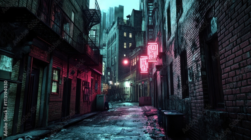 Fototapeta premium Cyberpunk Alleyway: Neon Lights in a Dark City Backstreet