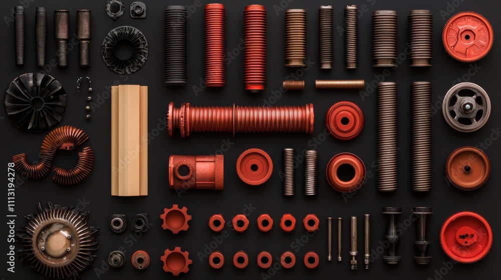 material science alloys. A flat lay of various mechanical parts and components in shades of red and metallic, arranged neatly against a dark background. material science alloys. A flat lay of various mechanical parts and components in shades of red and metallic, arranged neatly against a dark background.
