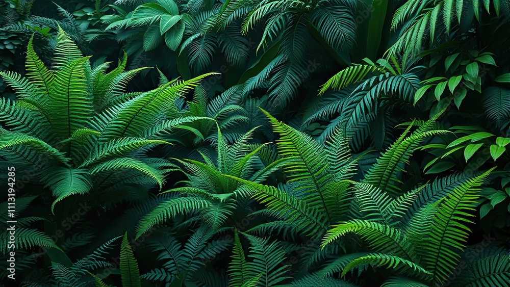 Fototapeta premium Lush greenery with various types of ferns and leafy greens, ferns, leafy greens, foliage, forest herbs