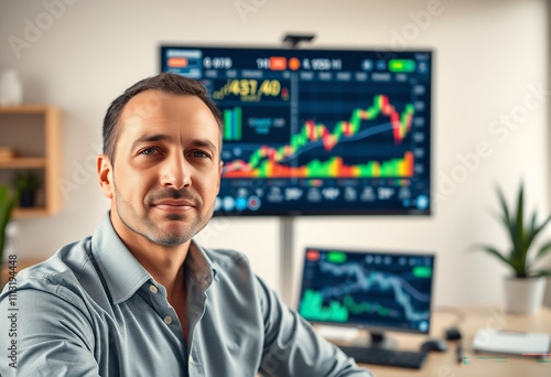 male trader in front of large trading monitor