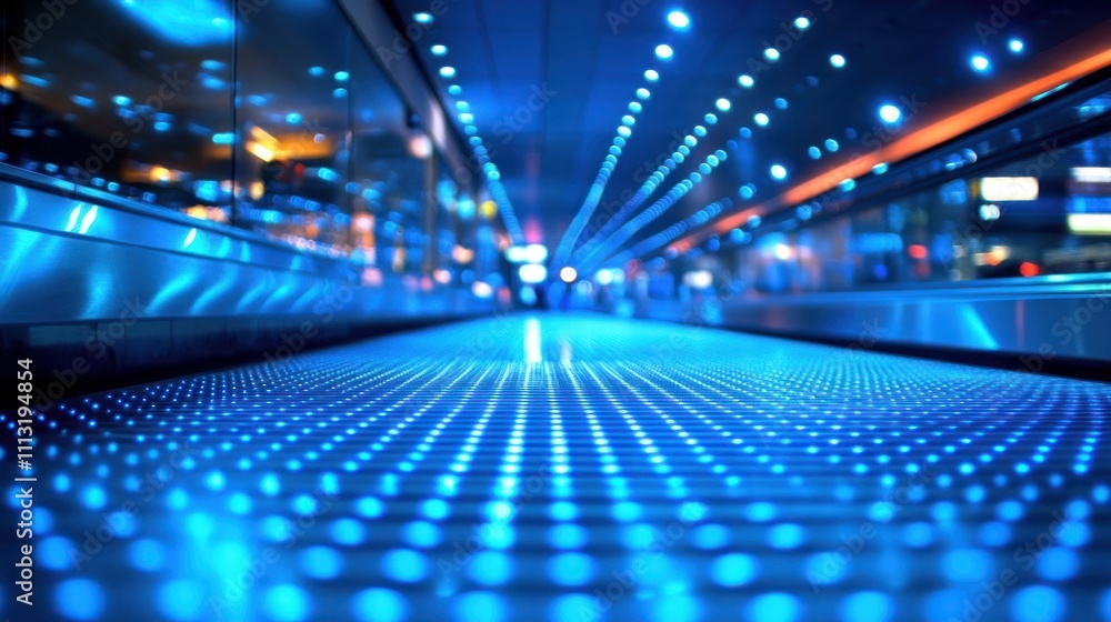 Blue, blurred background of the airport floor with an escalator in focus. Blue, blurred background of the airport floor with an escalator in focus.