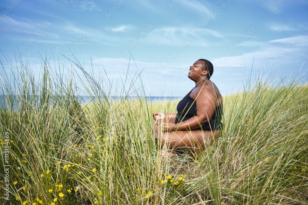 Serene moment of yoga self-discovery on a sandy beach Serene moment of yoga self-discovery on a sandy beach