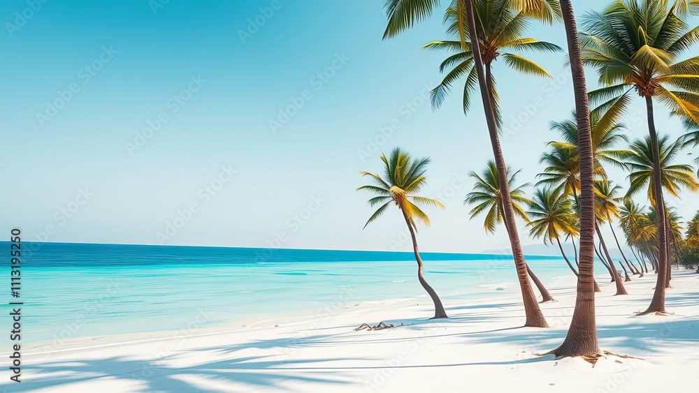 Fototapeta premium Palm tree trunks stand tall against the turquoise ocean waters at high tide, beach scene, palm trees, oceanic elements, ocean, coastal cliffs