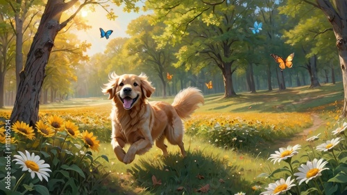 Golden retriever joyfully running through a sunlit meadow with flowers and butterflies.