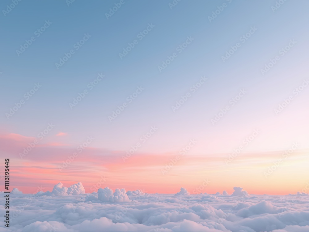 Naklejka premium Pastel pink and blue hues of sunset behind fluffy clouds, soothing colors, sunset, cloudy sky, calm evening