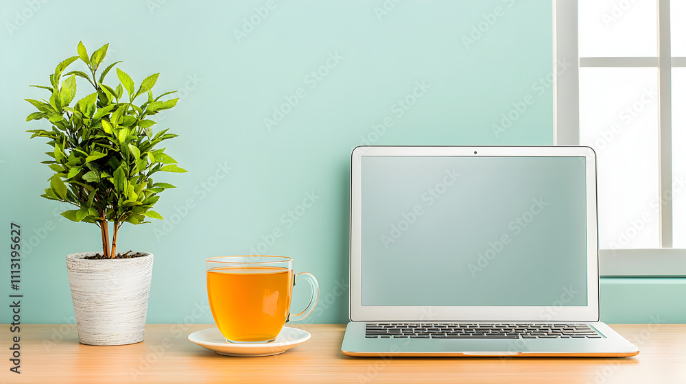 Balanced lifestyle harmony stress management. tidy workspace featuring laptop, cup of herbal tea, and potted plant creates calming atmosphere for productivity and relaxation Balanced lifestyle harmony stress management. tidy workspace featuring laptop, cup of herbal tea, and potted plant creates calming atmosphere for productivity and relaxation