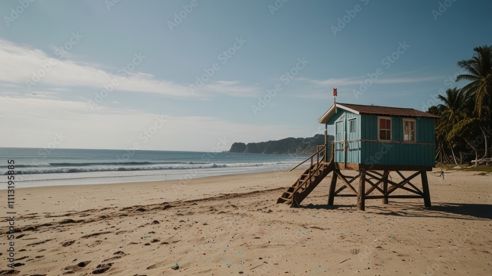 Secluded beach lifeguard tower on sandy shore. Secluded beach lifeguard tower on sandy shore.