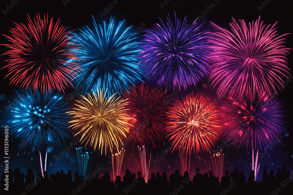 Festive fireworks display, a crowd watching from a distance, the night sky, silhouettes of people against the background of colorful explosions.
Festive fireworks display, a crowd watching from a distance, the night sky, silhouettes of people against the background of colorful explosions.