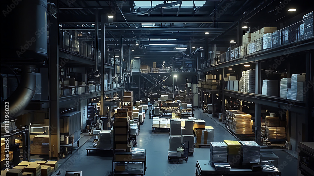 Industrial warehouse interior with stacked boxes and pallets. Industrial warehouse interior with stacked boxes and pallets.