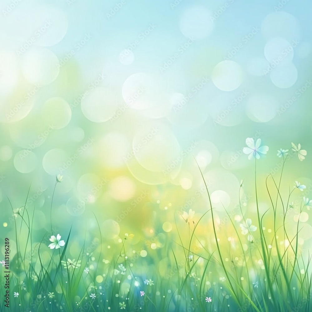 A realistic vector of a blurred spring background, with soft pastel shades of green and blue blending into each other. In the foreground, lightly blurred flowers and grass sway gently, while the warm A realistic vector of a blurred spring background, with soft pastel shades of green and blue blending into each other. In the foreground, lightly blurred flowers and grass sway gently, while the warm