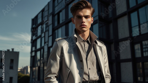 Fashionable handsome model young man posing wearing an Avant-garde fashion with a building background