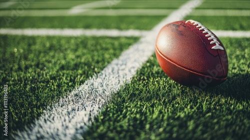 A close up of an American football on the field