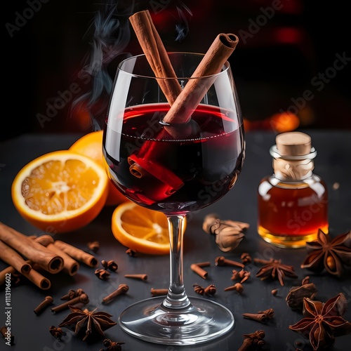 Cinematic mulled wine surrounded with ingredients cinnamon, anise, ginger, cloves, honey and orange close-up view isolated black background photo