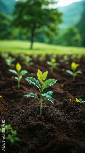 Young seedlings grow in fertile dark soil. New trees sprout, flourish. Rich green leaves emerge. Eco-friendly nature scene. Planting seedlings creates new forest. Eco project. Sustainable future.