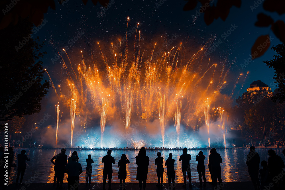 Festive fireworks display, a crowd watching from a distance, the night sky, silhouettes of people against the background of colorful explosions.
Festive fireworks display, a crowd watching from a distance, the night sky, silhouettes of people against the background of colorful explosions.