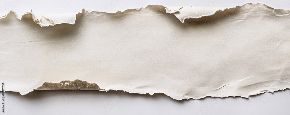 Long ripped horizontal piece of paper with torn edges creating a frame effect on white background Long ripped horizontal piece of paper with torn edges creating a frame effect on white background