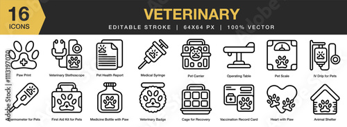 Veterinary icon set. Editable Stroke Icon Collection. Includes animal, care, pet, clinic, medical, veterinary, and More. Outline icons vector collection.