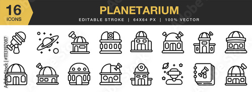 Planetarium icon set. Editable Stroke Icon Collection. Includes Building, Observatory, Planetarium, Space, Stars, and More. Outline icons vector collection.