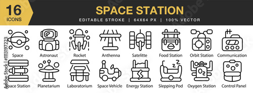 Space Station icon set. Editable Stroke Icon Collection. Includes spaceship, astronaut, space, science, galaxy, and More. Outline icons vector collection.