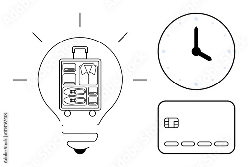 Luggage inside light bulb, clock, and credit card. Ideal for travel tips, smart packing, time management, budget planning, efficiency travel readiness inspiration. Line metaphor
