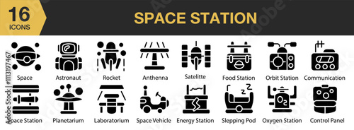 Space Station solid icon set. Includes cosmos, planet, station, astronomy, satellite, and More. Solid icons vector collection.