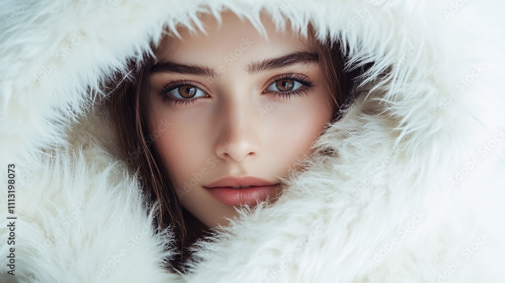 Beautiful teenager girl wearing winter white fur hood showing perfect face skin Beautiful teenager girl wearing winter white fur hood showing perfect face skin