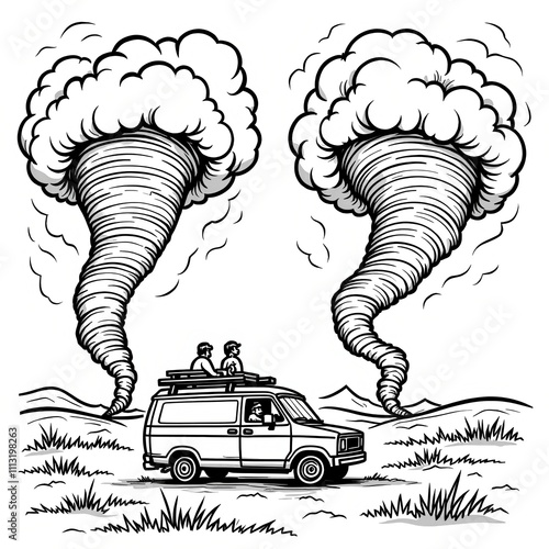  Storm Chasers Van Between Two Large Tornadoes