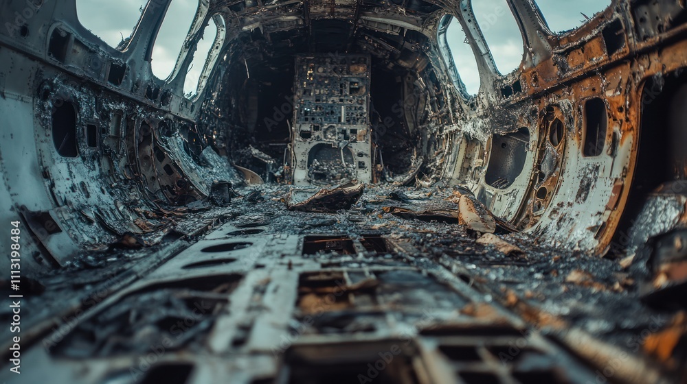 Obraz premium Interior of a burned-out aircraft, showcasing damage and decay.