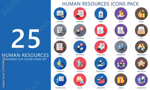 HR-human resources rounded color icons set. contain goal, applicant, training, motivation, employee, award, salary and more. Vector EPS 10 for print, digital UI, UX kit, web, app for office management