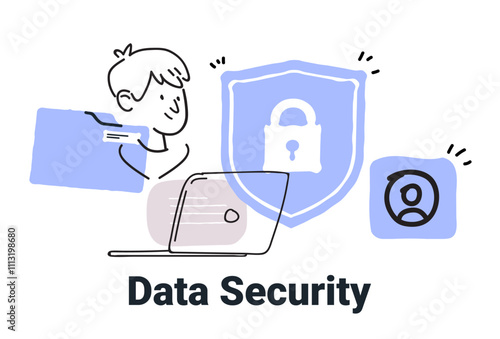 Data security concept laptop shield lock person file minimalist doodle style