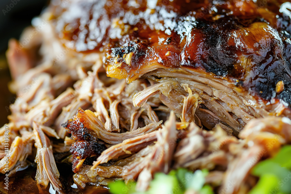 Close up of tender pulled pork with caramelized glaze Close up of tender pulled pork with caramelized glaze