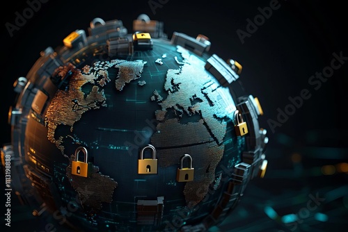 3D rendering of a globe with walls and padlocks around specific regions, hightech look