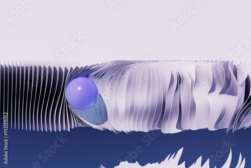 Blue sphere embedded in abstract wave of layered curves