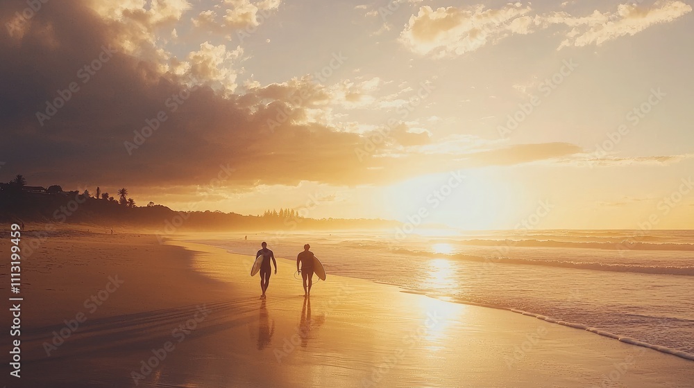 Two surfers walk along a beach at sunset, creating a serene and tranquil atmosphere.