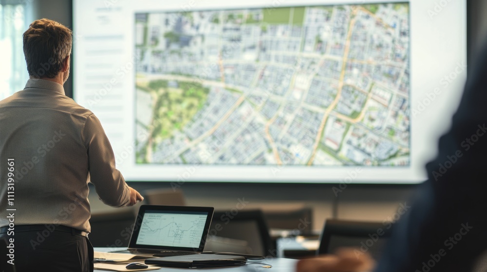 A detailed view of an urban planner in a conference room, presenting city maps and plans on a digital screen, Urban planning scene A detailed view of an urban planner in a conference room, presenting city maps and plans on a digital screen, Urban planning scene