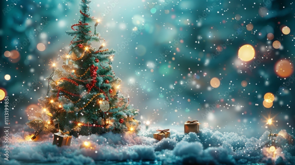 A beautifully decorated Christmas tree sparkles under a softly falling snow. Gifts sit at the base, adding to the festive mood.