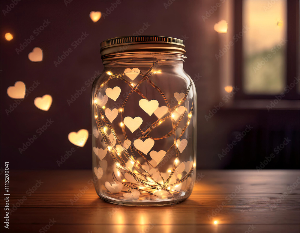 A mason jar filled with glowing heart-shaped lights A mason jar filled with glowing heart-shaped lights